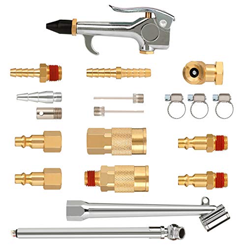 Product Cover Hromee 20 Pieces 1/4 inch NPT Air Blow Gun and Brass Fittings Kit with Tire Inflation Needles Chuck Air Compressor Connector Couplers and Plugs Hose Splicer Repair Kit with Barb Splicer and Clamps