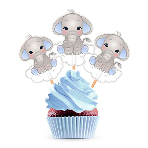 Product Cover Blue Elephant Cupcake Toppers Cake Picks - Boy Baby Shower Decorations Supplies - 25 Pieces
