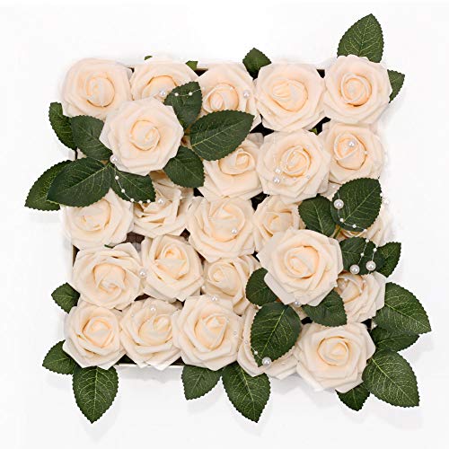 Product Cover Meiliy 60pcs Artificial Flowers Cream Roses Real Looking Foam Roses Bulk w/Stem for DIY Wedding Bouquets Corsages Centerpieces Arrangements Baby Shower Cake Flower Decorations