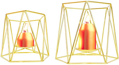 Product Cover Le Sens Amazing Home Large Gold Metal Pillar Candle Holders Set of 2, 4.7/6.2 inches Height, Geometric Elegant Tealight Holders, Centerpieces for Wedding, Home Decor, Ceremony and Anniversary