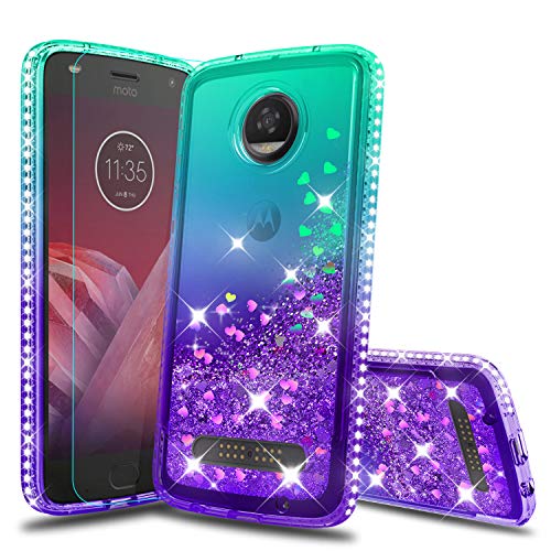 Product Cover Atump Moto Z2 Play Case, Moto Z2 Play Girly Cases with HD Screen Protector, Fun Glitter Liquid Diamond Cute TPU Silicone Protective Phone Cover Case for Moto Z2 Play Green/Purple