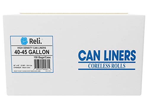 Product Cover Reli. Premium 40-45 Gallon Trash Bags Heavy Duty, Black (150 Count) Black Garbage Bags 40 Gallon - 45 Gallon, Contractor Bag Strength - Can Liners/Lawn and Leaf Bags 39 Gallon - 45 Gallon
