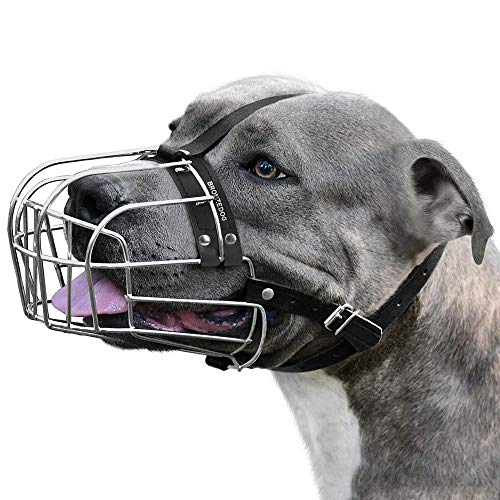 Product Cover BRONZEDOG Dog Muzzle Pitbull Metal Mask Amstaff Wire Basket Pit Bull Adjustable Leather Straps for Large Dogs