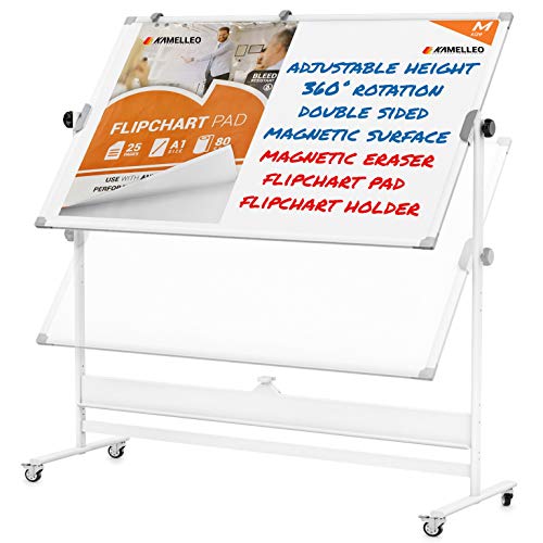 Product Cover Mobile Whiteboard - Large Adjustable Height 360° Reversible Double Sided Dry Erase Board - Magnetic White Board on Wheels - Portable Rolling Easel with Stand, Flip Chart Holders, Paper Pad | 48x36