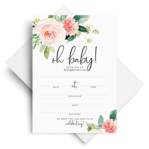 Product Cover Bliss Collections Baby Shower Invitations with Envelopes, Oh Baby Floral Invites for Girl, Boho, Pink, Blank, Fill-In 25 Pack of 5x7 Cards