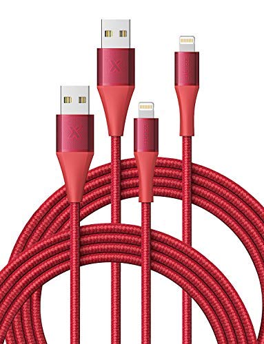 Product Cover Xcentz iPhone Charger, (2 Pack, 6ft) Apple MFi Certified Lightning Cable High-Speed Braided Nylon iPhone Cable Premium Metal Connector for iPhone 11/11 Pro/X/XS/XR/XS Max, iPad Pro/Mini/Air, Red