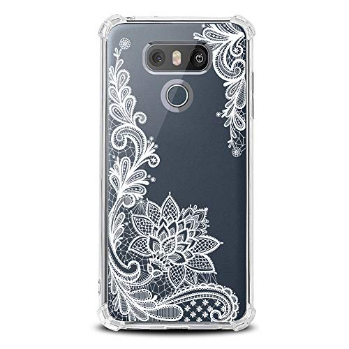 Product Cover LG G6 Case for Girls N Women Clear with Lace Flowers Design Shockproof Bumper Protective Cell Phone Cover for LG-G6, LG G6 Plus 2017 Release Flexible Slim Fit Soft Rubber Cute White Floral Girly Case