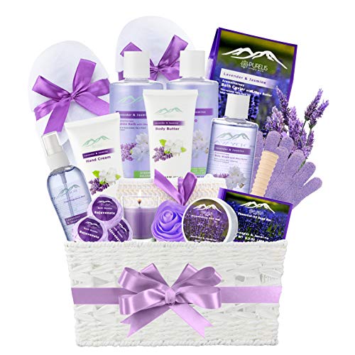 Product Cover Jasmine Lavender Bath Gift Basket for Women! XL Spa Gift Basket for Relaxing at Home Spa Kit. Purelis Aromatherapy Bath Sets for Women are the #1 Choice in Spa Baskets and Womens Gift Baskets