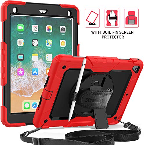Product Cover iPad 9.7 2018 Case, SEYMAC Shockproof Case with Built-in Screen Protector, Pencil Holder, 360 Degree Rotatable Stand & Hand Strap, Shoulder Strap for iPad 5th/ 6th/ Pro 9.7/Air 2 (Red/Black)