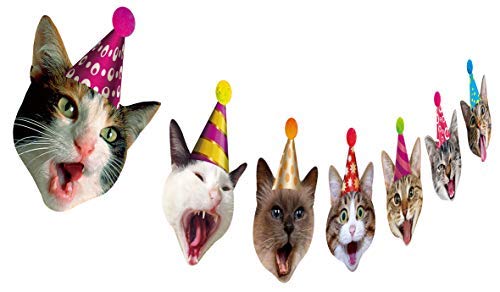 Product Cover Silvima Birthday Cat Garland, Photographic Cat Faces Birthday Banner, Kitties Bday Party Bunting Decoration