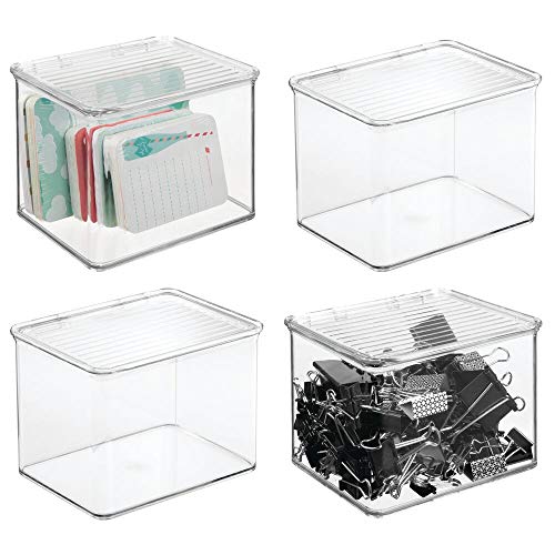 Product Cover mDesign Stackable Plastic Storage Bin Box with Hinged Lid - Organizer for Office Supplies, Paperclips, Highlighters, Dry Erase Markers, Sticky Notes, Memo Pads - 5