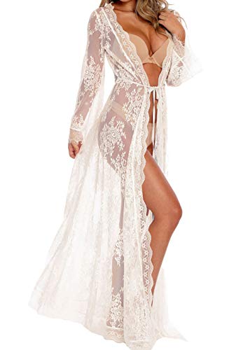 Product Cover Women Sexy Long Lace Dress Sheer Gown See Through Lingerie Kimono Robe Swimsuit Cover Up