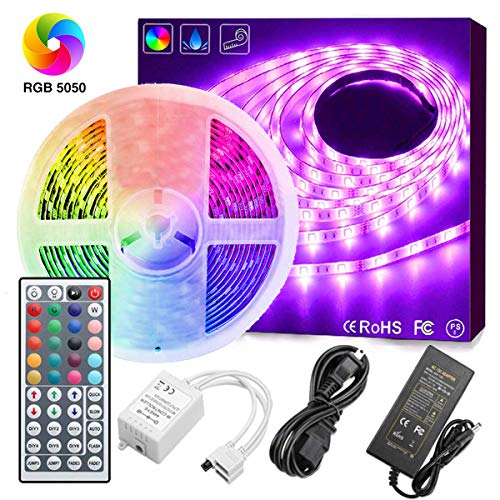 Product Cover Led Strip Lights, GOADROM Waterproof 16.4ft 5m Flexible Color Changing RGB SMD 5050 150leds LED Strip Light Kit with 44 Keys IR Remote Controller and 12V Power Supply