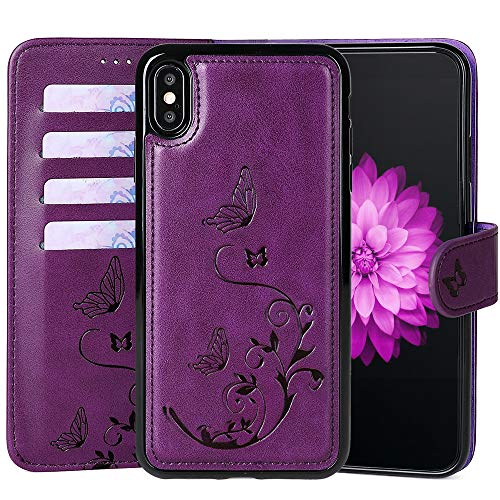 Product Cover WaterFox Case for iPhone XR, Wallet Leather Case with 2 in 1 Detachable Cover, Women's Vintage Embossed Pattern with 4 Card Slots & Wrist Strap Case - Purple