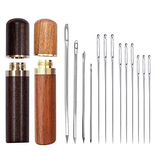 Product Cover Mayboos 2 PCS Wooden Needle Case with Stitching Needles,Sewing Needles Storage for Storing Fine Needles Hand Crafts Knitting with 4 pcs Leather Stitching Needle and 9 pcs Sewing Needles