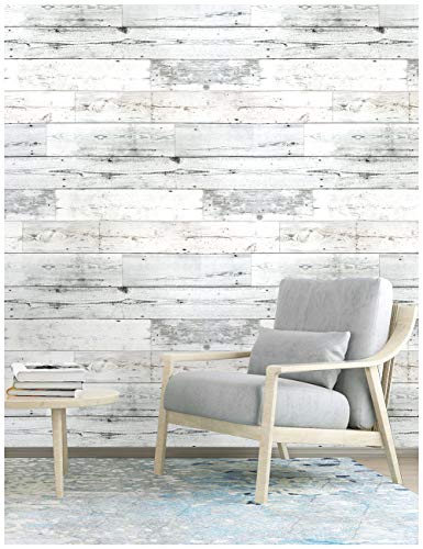 Product Cover HaokHome MR47 Peel and Stick Wood Wallpaper Shiplap Light Grey/White Distressed Wood Plank Removable Wallpaper Self-Adhesive 17.7