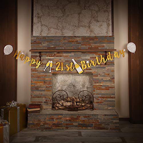 Product Cover 21st Birthday Decorations Banner by Aliza | Twenty First Finally Legal Bday Decor for Her - Huge 8-feet Long Gold Silver Birthday Supplies Banner - The Perfect Decoration for Your Party