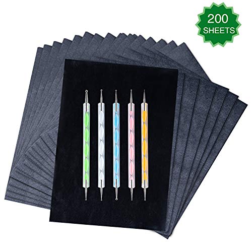Product Cover 200 Sheets Carbon Paper Black Graphite Paper Transfer Tracing Paper and 5 Pieces Ball Embossing Styluses for DIY Wood Burning, Paper, Canvas and Other Art Craft Surfaces