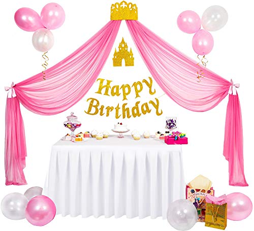 Product Cover Princess Party Supplies, Princess Birthday Decorations for Girls, Pink and Gold Party Supplies, Tulle Princess Backdrop, Happy Birthday Banner, Princess Crown Hair Pin, Pink and White Balloons