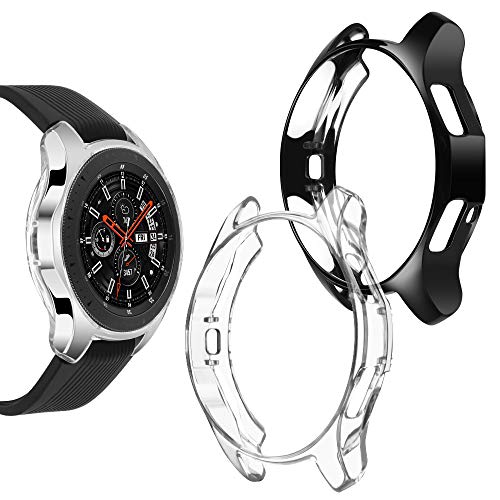 Product Cover Goton Compatible Samsung Galaxy Watch 46mm Case 2018 (for SM-R805 and SM-R800 and Gear S3 Frontier SM-R760), (2 Packs) Soft TPU Smart Shockproof Case Cover Bumper Protector (Clear and Black, 46mm)