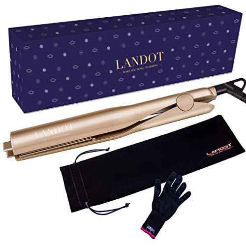 Product Cover LANDOT Flat Iron for Hair Curling Irons Hair Straightener Twist 2 in 1 Hair Curlers Straightening Iron Dual Voltages Hair Styling Tools with 3D Concave and Convex Titanium Plated 1 Inch Color Gold