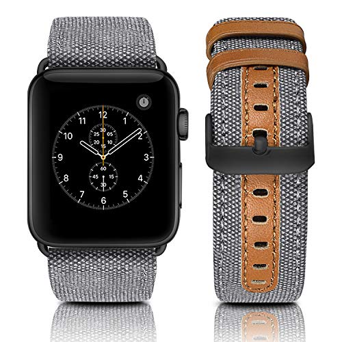 Product Cover Jobese Bands Compatible with Apple Watch 42mm/44mm 38mm/40mm, Elegant Canvas Fabric Genuine Leather Straps with Black Silver Buckle Compatible with Apple Watch Series 5 Series 4 Series 3/2/1