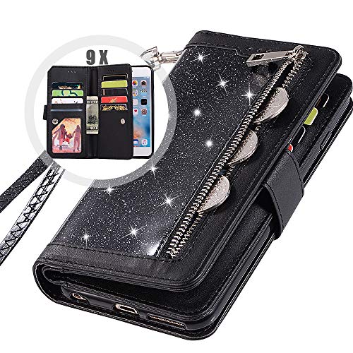 Product Cover iPhone 8 Plus Zipper Wallet Case with Strap,Auker 9 Card Holder Bling Glitter Leather Flip Magnet Wallet Case with Money Pocket Full Body Sparkly Protective Purse Case for Women iPhone 7 Plus (Black)