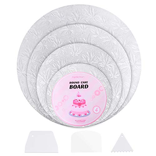 Product Cover Hemoton 4Pcs Reusable Thicker Cake Cardboards with Embossed Foil Wrapping and 3 Scrapers for Cake Decoration Wedding Birthday Party 12