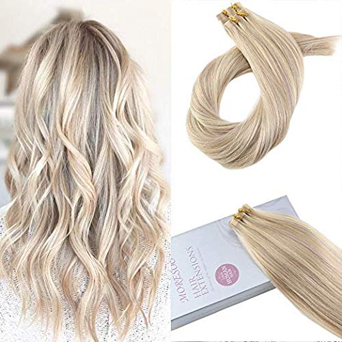 Product Cover Moresoo 16inch Seamless Real Human Hair Color #18 Ash Blonde Highlighted with #613 Blonde 20PCS 50G Glue on Hair Tape in Hair Extensions Remy Human Hair