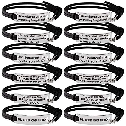 Product Cover Cosweet Pack of 12 Inspirational Message Leather Bracelets Cuff Bangle Mantra Motivational Quotes Words Engraved Friend Encouragement Jewery Gift for Women Teen Girls Students