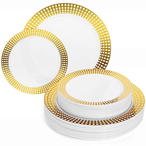 Product Cover Perfect Settings Princess Gold 30 Place Setting Plastic Plates - Disposable Dinnerware Set Heavy Duty Combo Party Plates | Gold Square Rimmed Pattern | 30 x 10.25