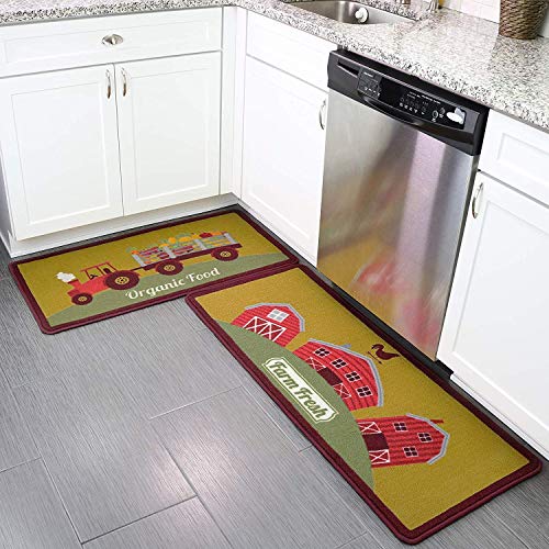 Product Cover Kitchen Rug Set of 2 with Fashionable Farm House Design. Thicker Loop-Pile 100% Nylon Feels Comfortable on Bare Feet. Non-Slip, Spill Resistant and Durable (19