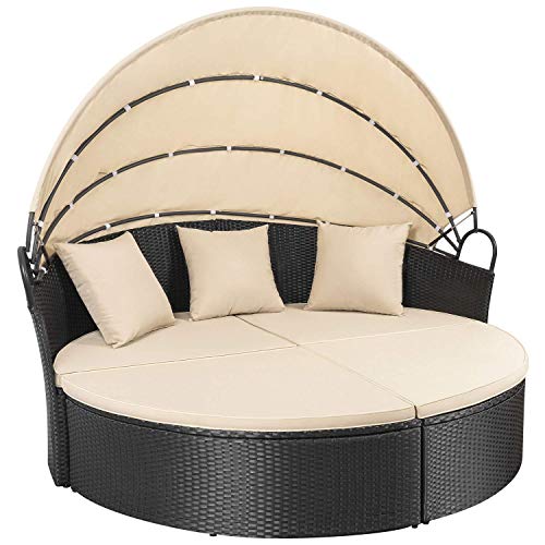 Product Cover Homall Outdoor Patio Round Daybed with Retractable Canopy Wicker Furniture Sectional Seating with Washable Cushions for Patio Backyard Porch Pool Daybed Separated Seating (Beige)
