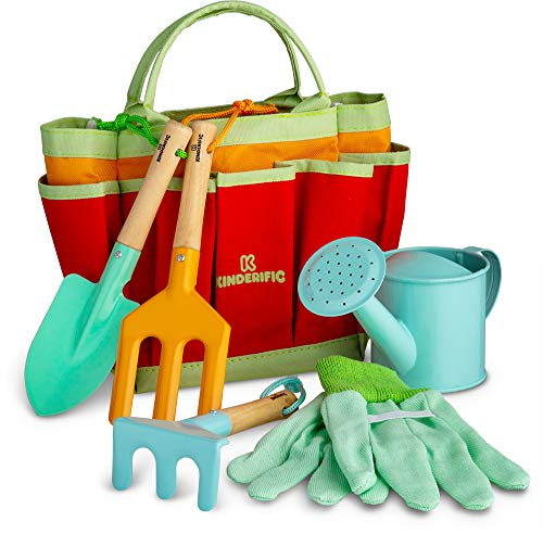 Product Cover Kinderific Gardening Tool Set, Designed for Kids, STEM, Tote Bag, Spade, Watering Can, Rake, Fork, Trowel, Gloves