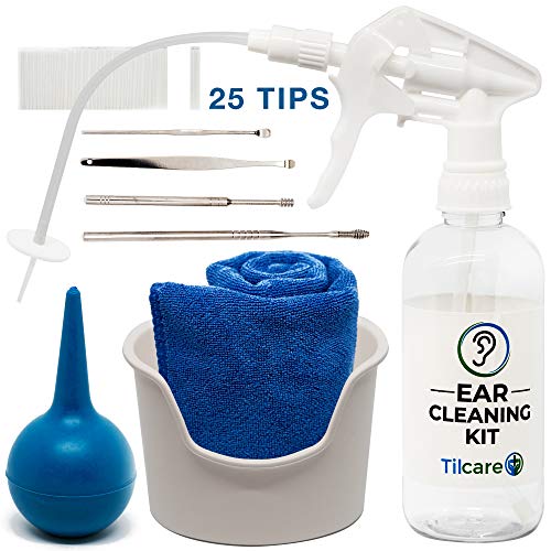 Product Cover Ear Wax Removal Tool by Tilcare - Ear Irrigation Flushing System for Adults & Kids - Perfect Ear Cleaning Kit - Includes Basin, Syringe, Curette Kit (Spoon and Spiral), Towel and 25 Disposable Tips