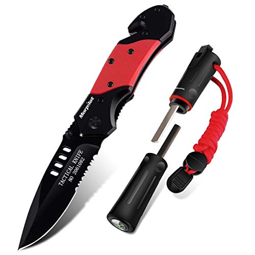 Product Cover Pocket Knife & Fire Starter Set, 5 in 1 Stainless Steel Tactical Folding Knife | Magnesium Fire Starter with Magnetic Compass & Emergency Whistle for Camping, Outdoor Survival, Hiking (#1)
