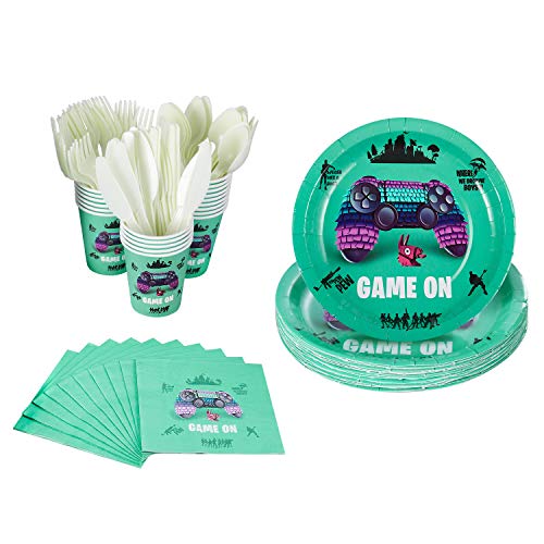 Product Cover 120 Pcs Video Game Party Supplies - Serves 20 - Includes Plates, Knives, Spoons, Forks, Cups and Napkins for Birthday Party Pack for Kids Video Game Themed Party