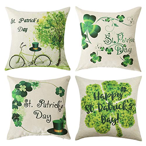 Product Cover Pack of 4 MUILEE Decoretive St. Patrick's Day Clover Throw Pillow Covers Green On White Cushion Case Shell Pillow Case for Car Sofa Bed Couch 18 x 18 Inch (Green Clover)