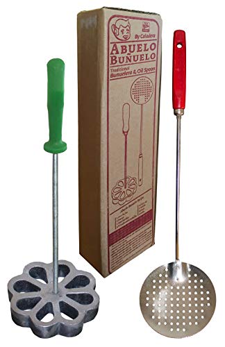 Product Cover Bunuelera Iron Rossette with free Oil spoon, Molde para hacer bunuelos, Bunuelera with Rustic Plastic handle and Cast Aluminum Spanish Rossette shape, Traditional wind fritters mold Bundle