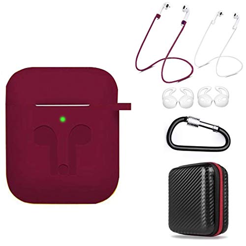 Product Cover DZANHOT Case 7 in 1 Accessories Kits Protective Silicone Cover and Skin for Charging Case with Ear Hook Staps/Skin/Tips/Keychain Burgundy