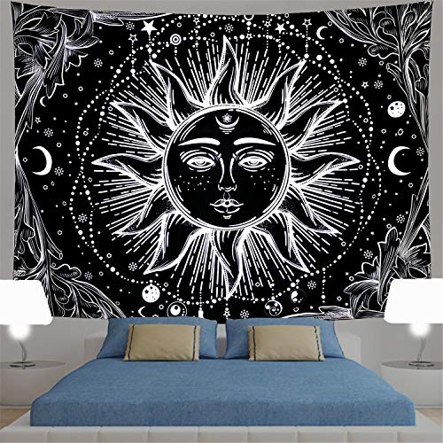 Product Cover Sun Tapestry Psychedelic Burning Sun Wall Tapestry Black and White Tapestry Moon Sun with Star Tapestry Fractal Faces Bohemian Mandala Mystic Tapestry for Bedroom Living Room (Medium, Black Sun)