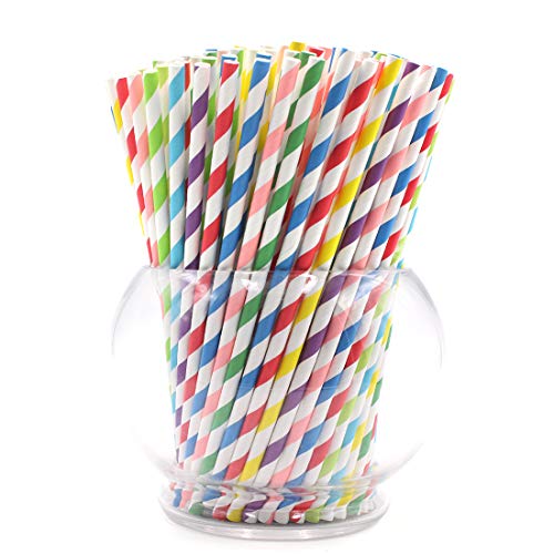 Product Cover Paper Straws Diodegradable 200 Pack - Ystdom Rainbow Stripe Paper Drinking Straws with 8 Different Colors- Bulk Disposable Straws for Cocktail,Juices, Shakes, Smoothies, Party Supplies Decorations
