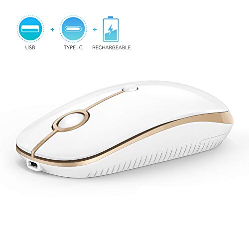 Product Cover Type C Wireless Mouse, Jelly Comb Dual Mode 2.4Ghz Rechargeable Slim Wireless Mouse with Nano USB and Type C Receiver for PC Laptop, MacBook pro, MacBook air, iMac and More-MS05 (White and Gold)