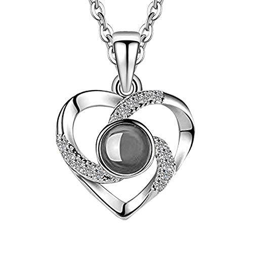 Product Cover Hantaostyle I Love You Necklace, 925 Silver 100 Languages Projection on Round Onyx Pendant Loving Memory Collarbone Necklace(925 silver heart-shaped silver)