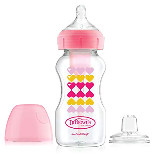 Product Cover Dr. Brown's Options+ Wide-Neck Baby Bottle with Sippy Spout 2-in-1 Transition Kit, Pink, 9 Ounce