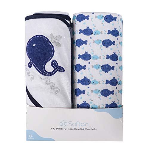 Product Cover Baby Hooded Towel and Washcloths Set, Natural Cotton, Great Gift for Infants and Newborn, 4 Pack, Whale