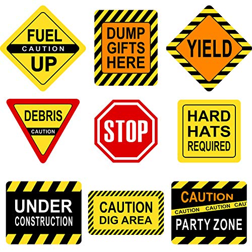 Product Cover Construction Themed Party Decorations, 10-11.8 Inch Laminated Caution Traffic Signs, Construction Theme Party Signs, Paper Cutouts with 40 Glue Point Dots (9 Pieces Construction Signs)