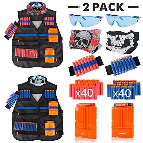 Product Cover Little Valentine 2 Sets Kids Tactical Vest Kit for Nerf Guns N-Strike Elite Series , 2 Pack Tactical Vest Jacket with 2 Wrist Bands, 2 Quick Reload Clips, 2 Protective Glasses, 2 Face Mask, 80 Bullets