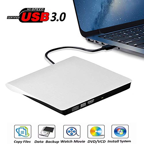 Product Cover External DVD Drive, USB 3.0 Portable CD/DVD+/-RW Drive/DVD Player for Laptop CD ROM Burner Compatible with Laptop Desktop PC Windows Linux OS Apple Mac White