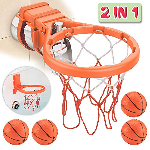 Product Cover Bath Toy Basketball Hoop & Balls Playset(2 in 1 Design), with 4 balls and Mesh Bag, Bathroom Slam Dunk&Bathtub Shooting Game Gadget, for Kid Boy Girl Child Gift, With Strong Suction Cup and Magic Rop